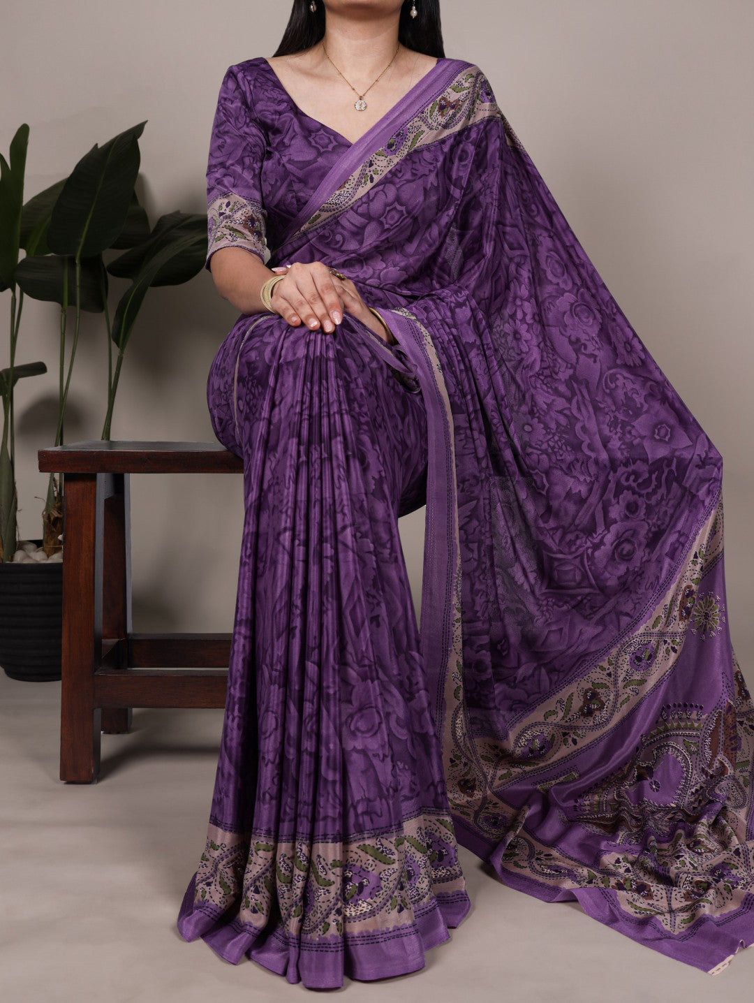 Purple Crepe Silk Saree with Digital Print & Kalamkari Pallu | Designer Festive Ethnic Wear – JaipurSaaj