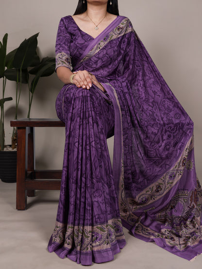 Purple Crepe Silk Saree with Digital Print & Kalamkari Pallu | Designer Festive Ethnic Wear – JaipurSaaj