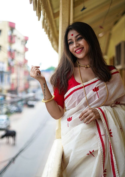 White Plain Mix Linen Cotton Saree With Digital Printed Work