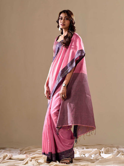 Baby Pink Linen Cotton Saree With Weaving Work