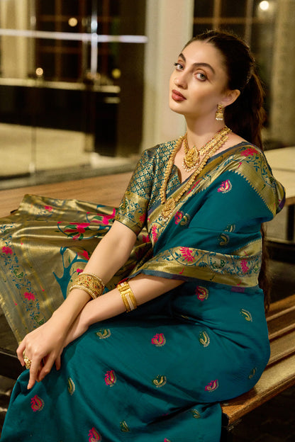 Traditional Morpich Paithani Silk Saree With Zari Weaving Work