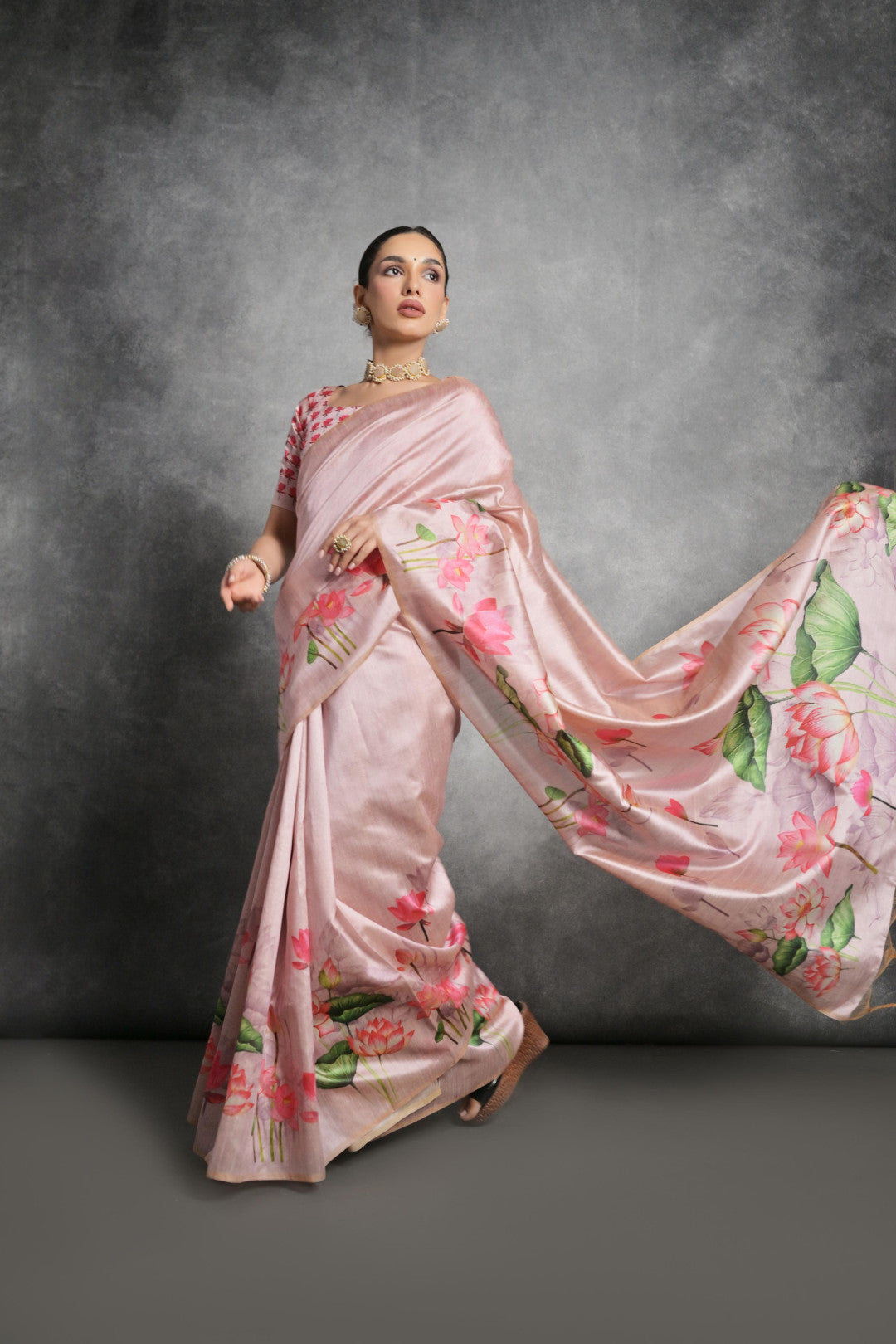 Pink Tussar Silk Saree with Lotus Floral Printed Work | Festive & Party Wear – JaipurSaaj
