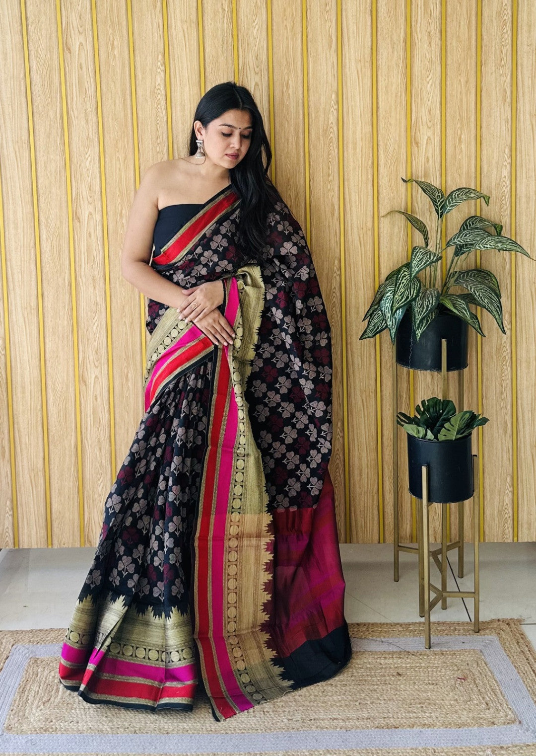 Navy Blue Soft Cotton Saree With Jacquard Border