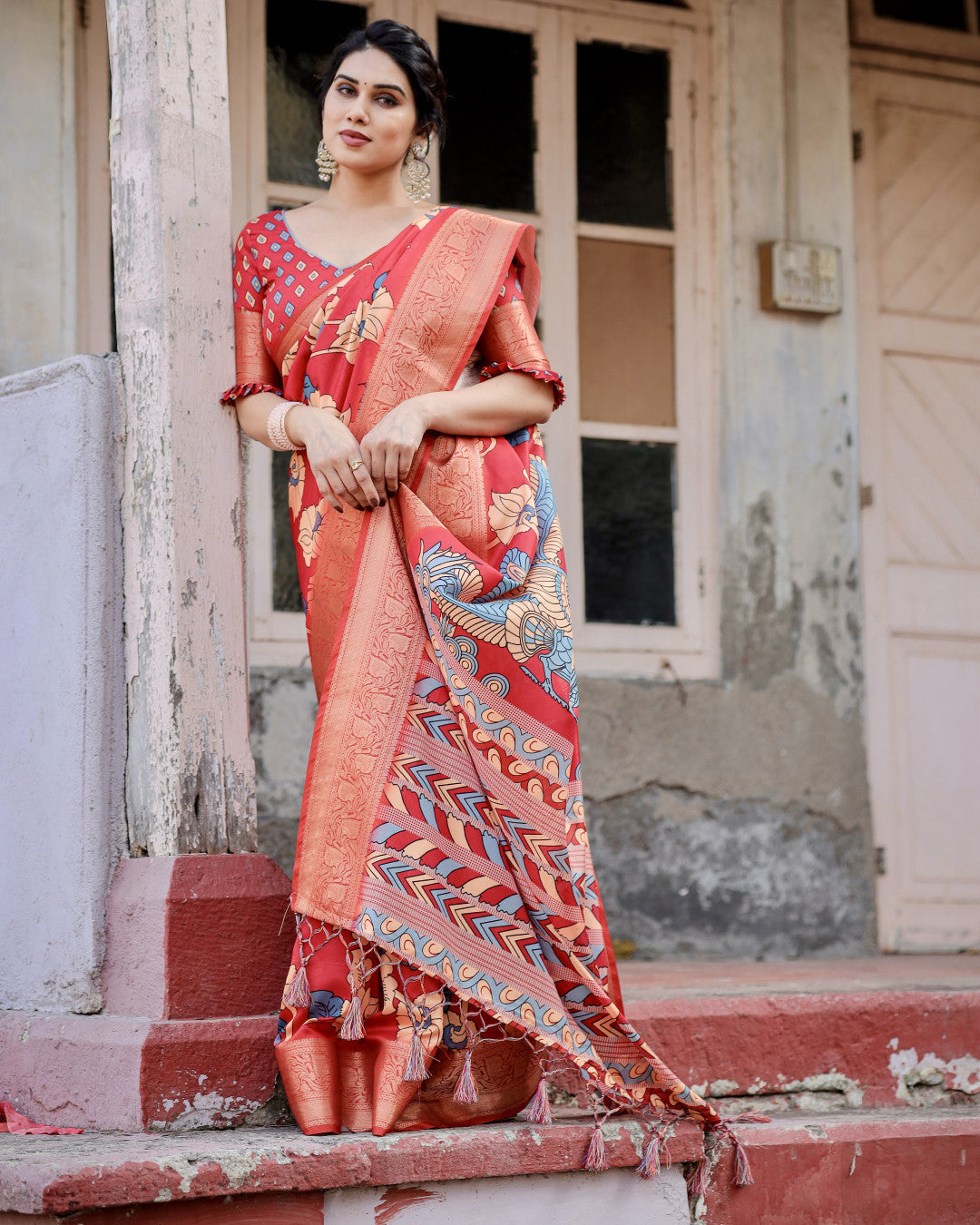 Red Tussar Silk Saree With Digital Kalamkari Print & Zari Motif Border | Casual & Festive Wear – JaipurSaaj