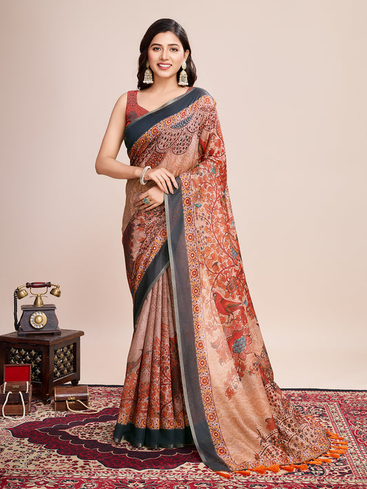 Multi Soft Linen Cotton Saree With Kalamkari Printed Work