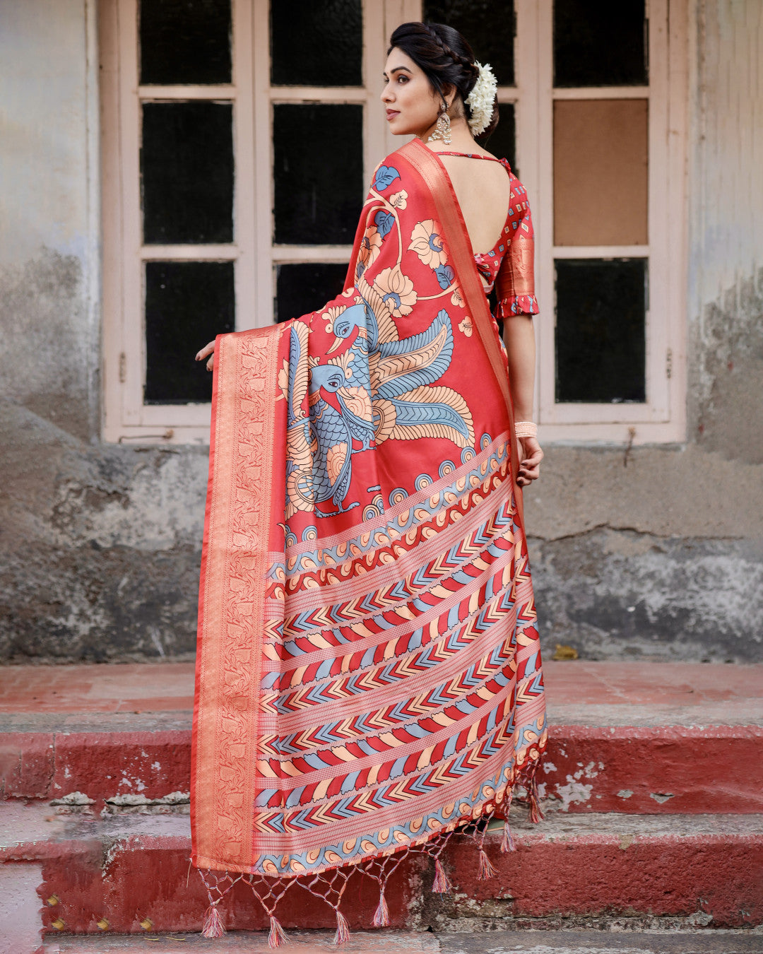 Red Tussar Silk Saree With Digital Kalamkari Print & Zari Motif Border | Casual & Festive Wear – JaipurSaaj
