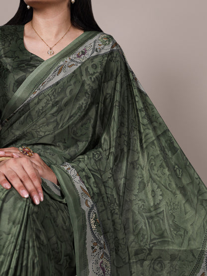Mahendi Green Crepe Silk Saree with Digital Print & Kalamkari Pallu | Designer Festive Ethnic Wear – JaipurSaaj