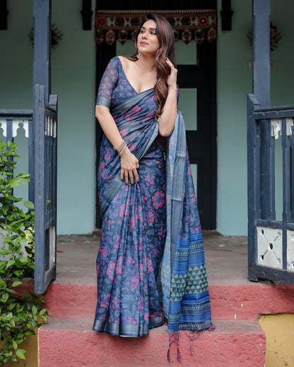 Navy Blue Floral Digital Printed Linen Cotton Saree | Office & Casual Ethnic Wear – JaipurSaaj