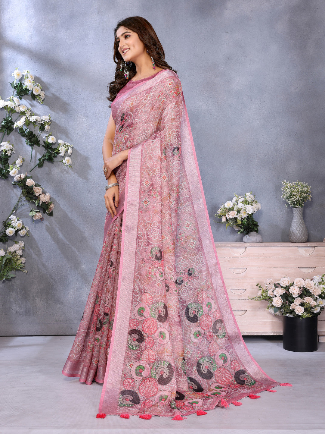 Baby Pink Linen Cotton Saree With Digital Printed Work And Silver Zari Border