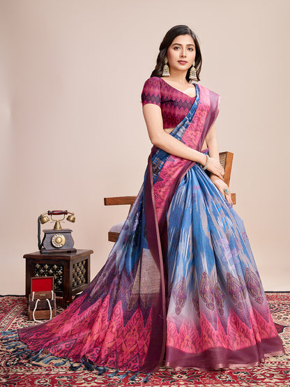 Blue Soft Linen Cotton Saree With Floral Printed Work