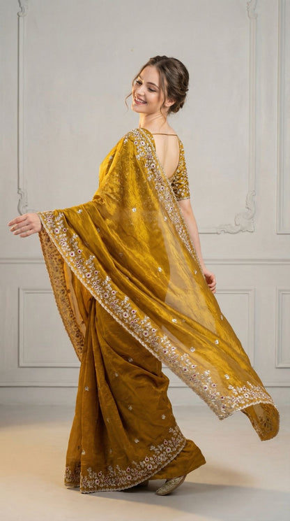 Mahendi Green Fandy Chiffon Silk Saree With Sequin Work & Cut Work Border | Party & Reception Wear – JaipurSaaj
