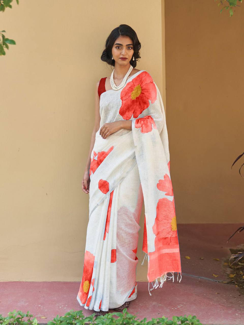 Orange Color Plain Mix Linen Cotton Saree With Digital Printed Work