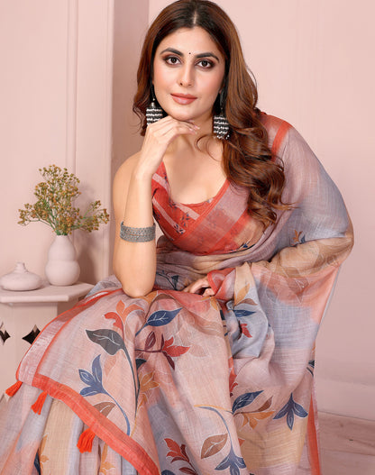 Multi Color Linen Cotton Saree With Digital Printed Work And Silver Zari Border