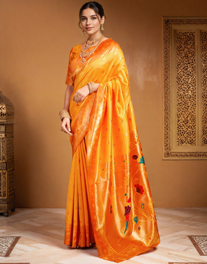 Traditional Orange Paithani Silk Saree With Zari Weaving Work