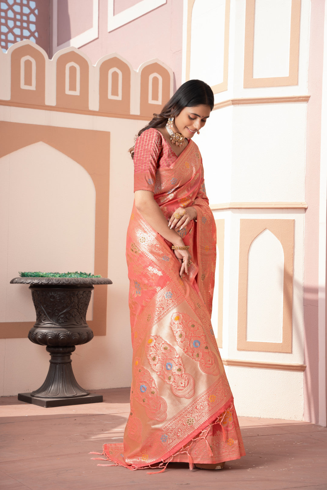 Peach Banarasi Cotton Silk Saree With Zari Woven Work