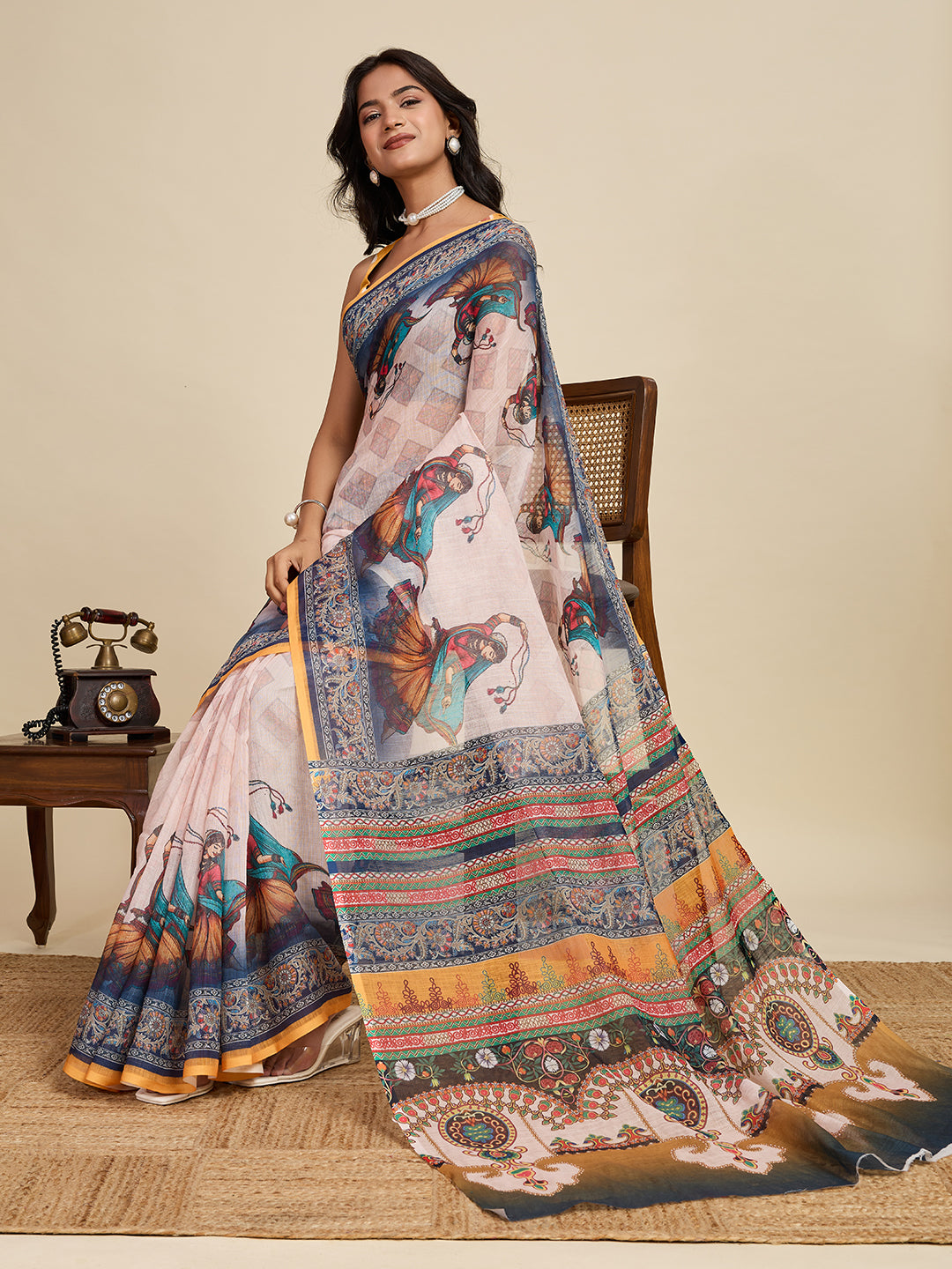 Multi Linen Cotton Saree With Digital Printed Work And Silver Zari Border