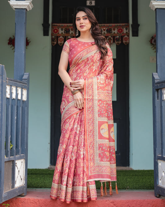 Pink Soft Linen Cotton Saree With Kalamkari Printed Work