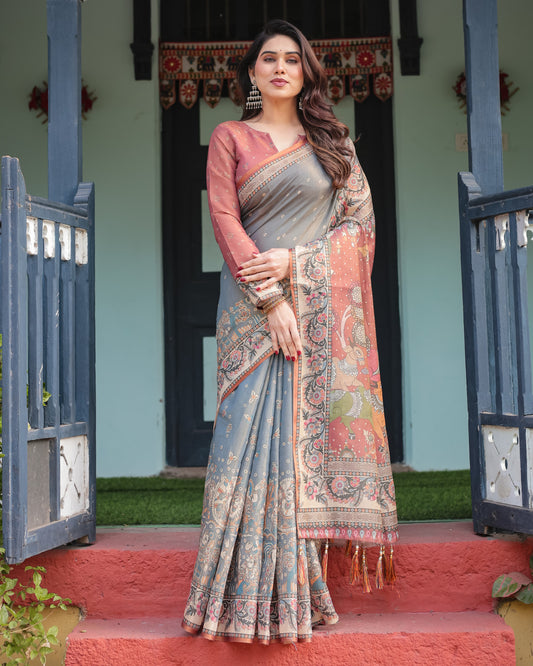 Blue Soft Linen Cotton Saree With Kalamkari Printed Work