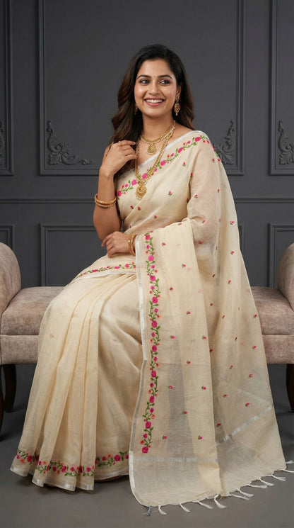 Beige Kota Doriya Saree With Silver Zari Border & Floral Embroidery | Festive Ethnic Wear – JaipurSaaj