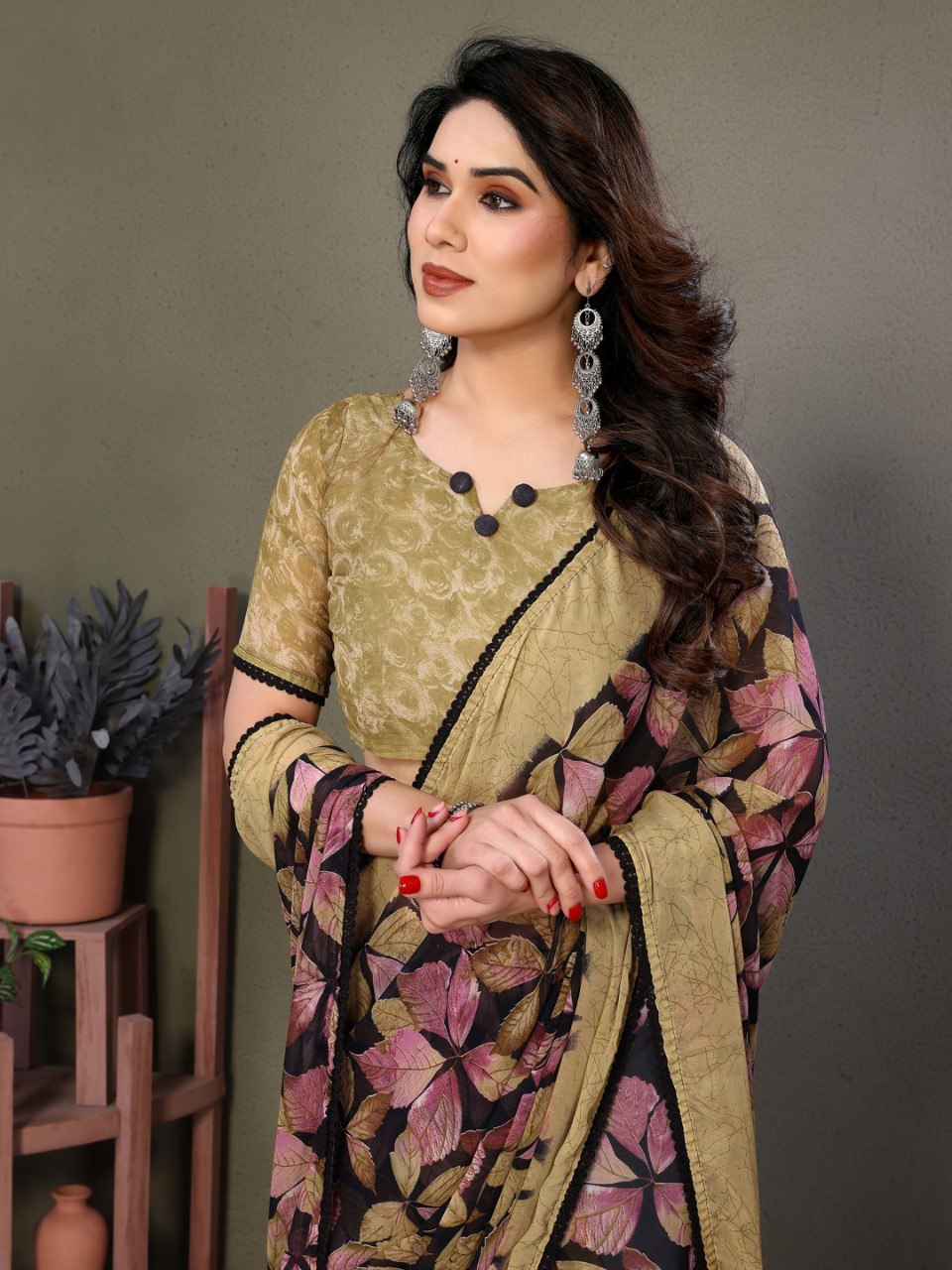 Beige Soft Chiffon Saree With Printed Work And Lace Border