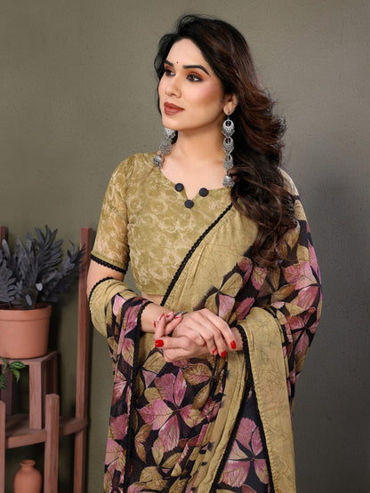 Beige Soft Chiffon Saree With Printed Work And Lace Border