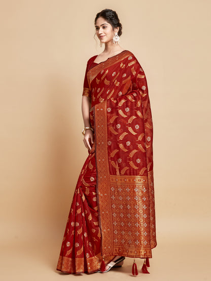 Red Soft Linen Silk Saree With Zari Weaving Work