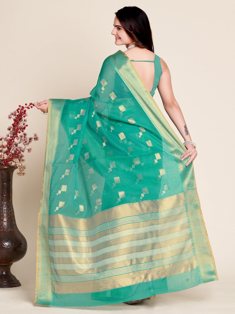 Rama Green Kota Doriya Saree With Zari Weaving Work | Lightweight Party Wear – JaipurSaaj