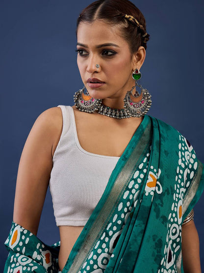 Rama Green Soft Pure Cotton Silk Saree With Hand Batik Print Work | Casual & Ethnic Wear – JaipurSaaj