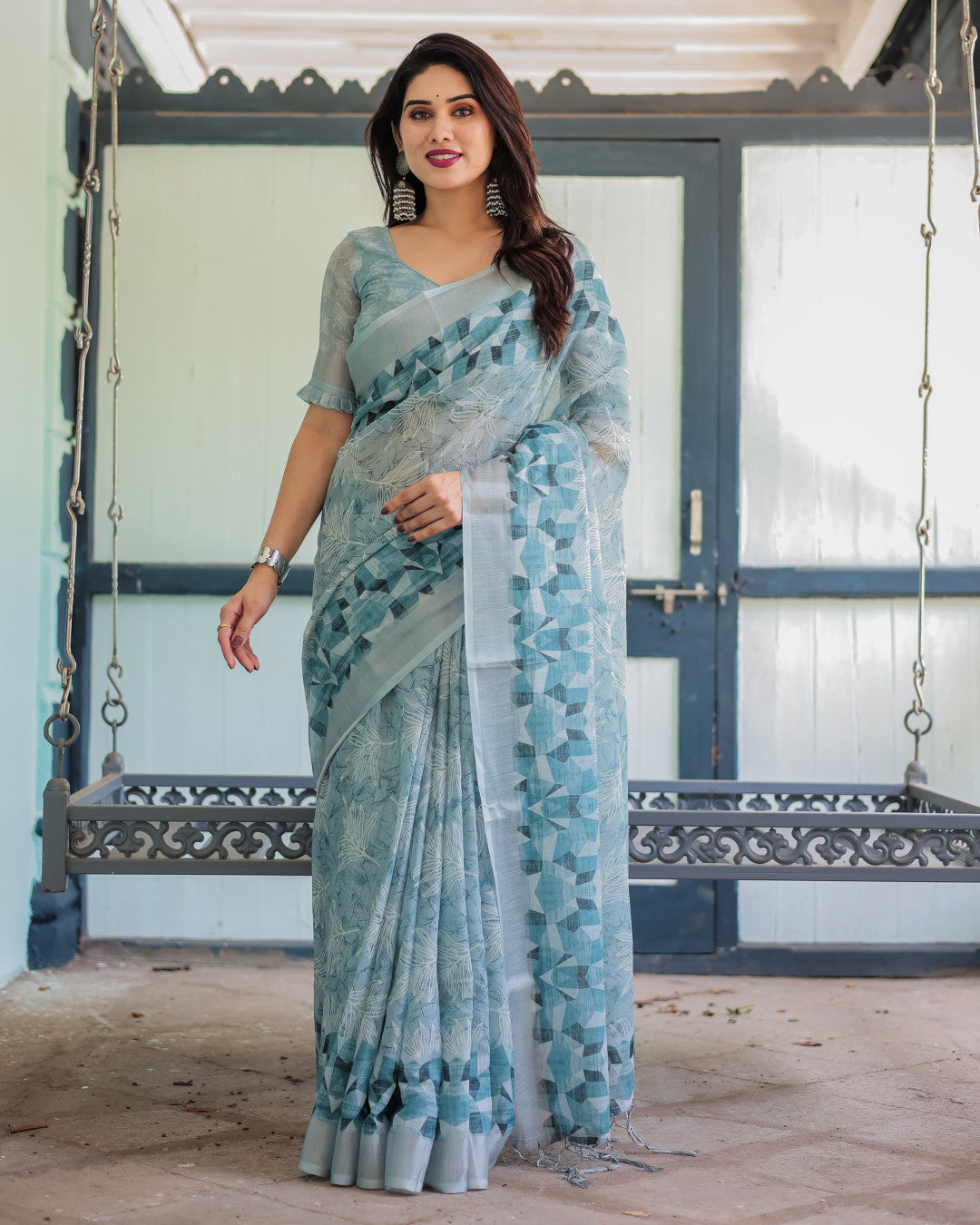 Sky Blue Summer Special Digital Printed Linen Cotton Saree