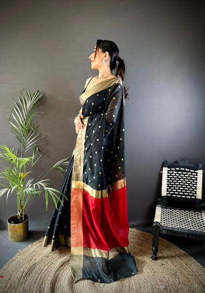 Black Soft Cotton Silk Saree With Zari Woven Work | Wedding & Party Wear – JaipurSaaj