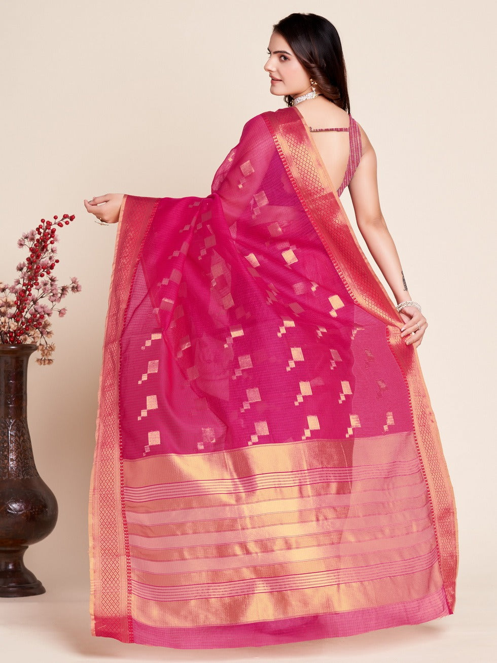 Rani Pink Color Kota Doriya Saree With Zari Weaving Work
