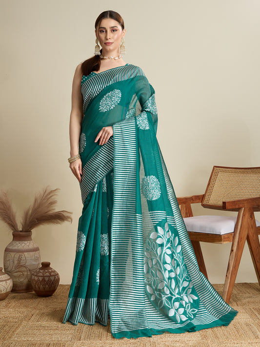 Rama Green Color Soft Silk Saree With Weaving Work Lining Border