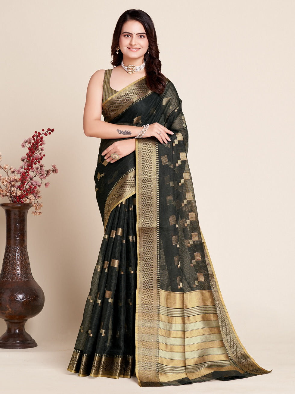 Black Color Kota Doriya Saree With Zari Weaving Work