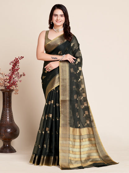 Black Color Kota Doriya Saree With Zari Weaving Work