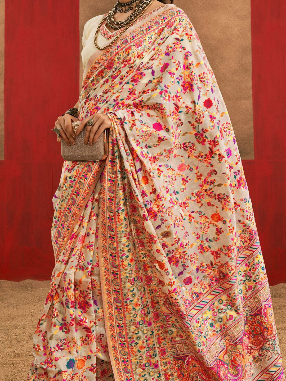 White Pashmina Silk Saree With Traditional Woven Design | Festive & Wedding Wear – JaipurSaaj