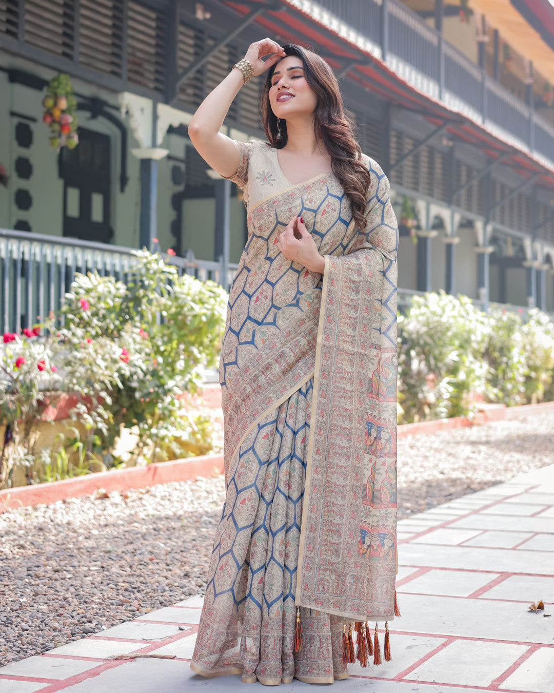 Beige Soft Linen Cotton Saree With Kalamkari Digital Printed Work