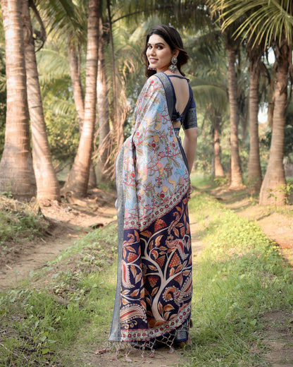Multi Color Kalamkari Digital Printed Tussar Silk Saree | Designer Festive Ethnic Wear – JaipurSaaj