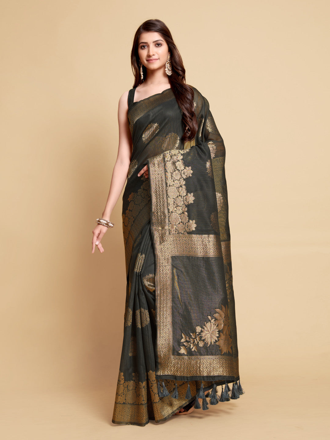 Black Soft Linen Silk Saree With Zari Weaving Work | Traditional Wedding & Festive Wear – JaipurSaaj