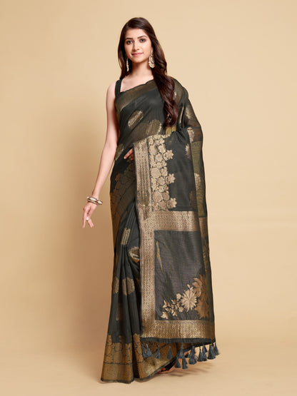 Black Soft Linen Silk Saree With Zari Weaving Work | Traditional Wedding & Festive Wear – JaipurSaaj