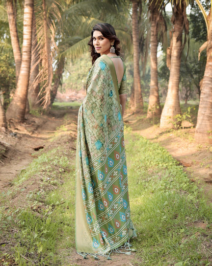 Light Green Digital Printed Tussar Silk Saree With Zari Motif Border | Traditional Casual & Festive Wear – JaipurSaaj