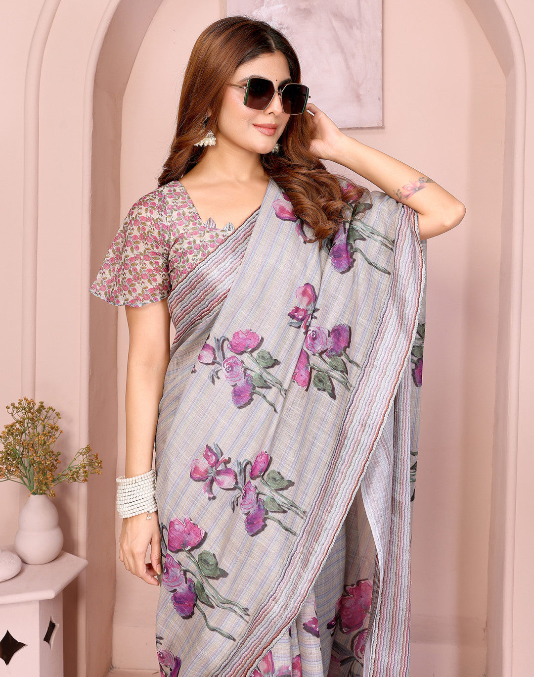 Multi Linen Cotton Saree With Digital Printed Work And Silver Zari Border