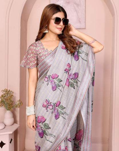 Multi Linen Cotton Saree With Digital Printed Work And Silver Zari Border