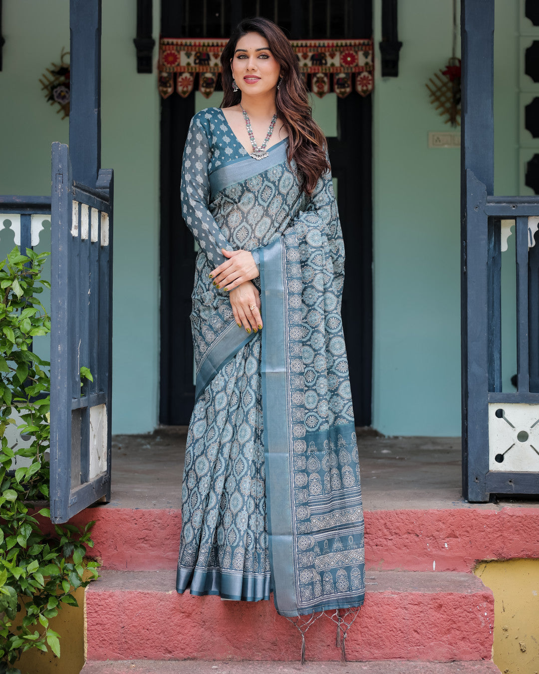Teal Blue Summer Special Digital Printed Linen Cotton Saree