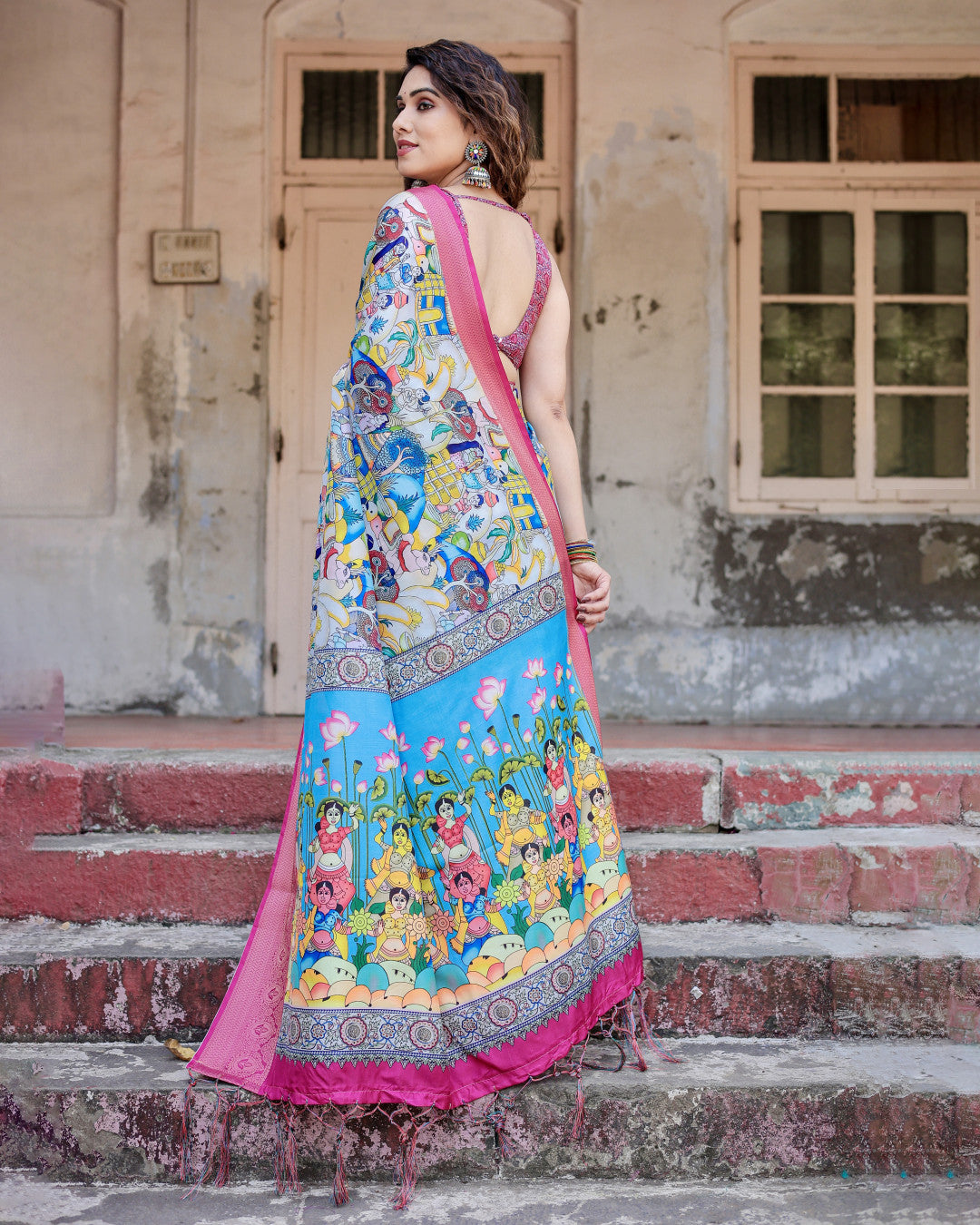 Multi Color Kalamkari Digital Printed Tussar Silk Saree | Designer Festive Ethnic Wear – JaipurSaaj