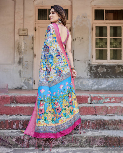 Multi Color Kalamkari Digital Printed Tussar Silk Saree | Designer Festive Ethnic Wear – JaipurSaaj