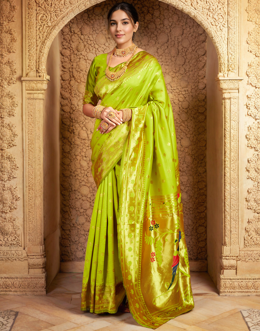 Traditional Parrot Green Paithani Silk Saree With Zari Weaving Work