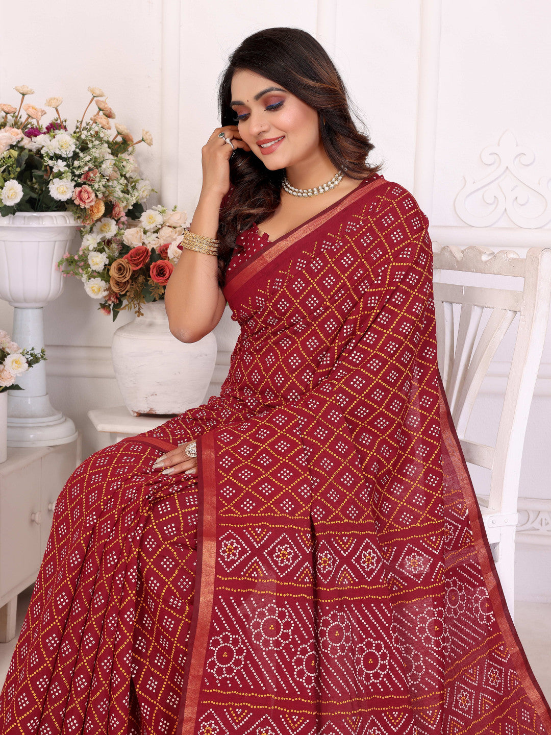 Red Bandhej Printed Soft Cotton Saree With Zari Border | Traditional Festive Ethnic Wear – JaipurSaaj