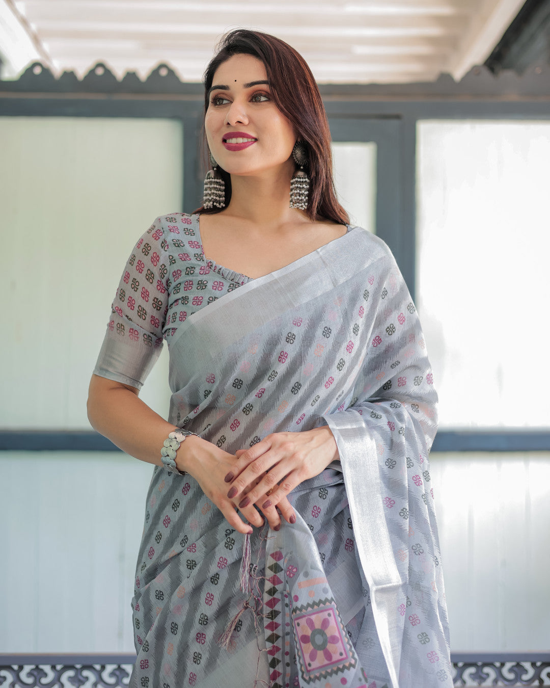 Gray Summer Special Digital Printed Linen Cotton Saree