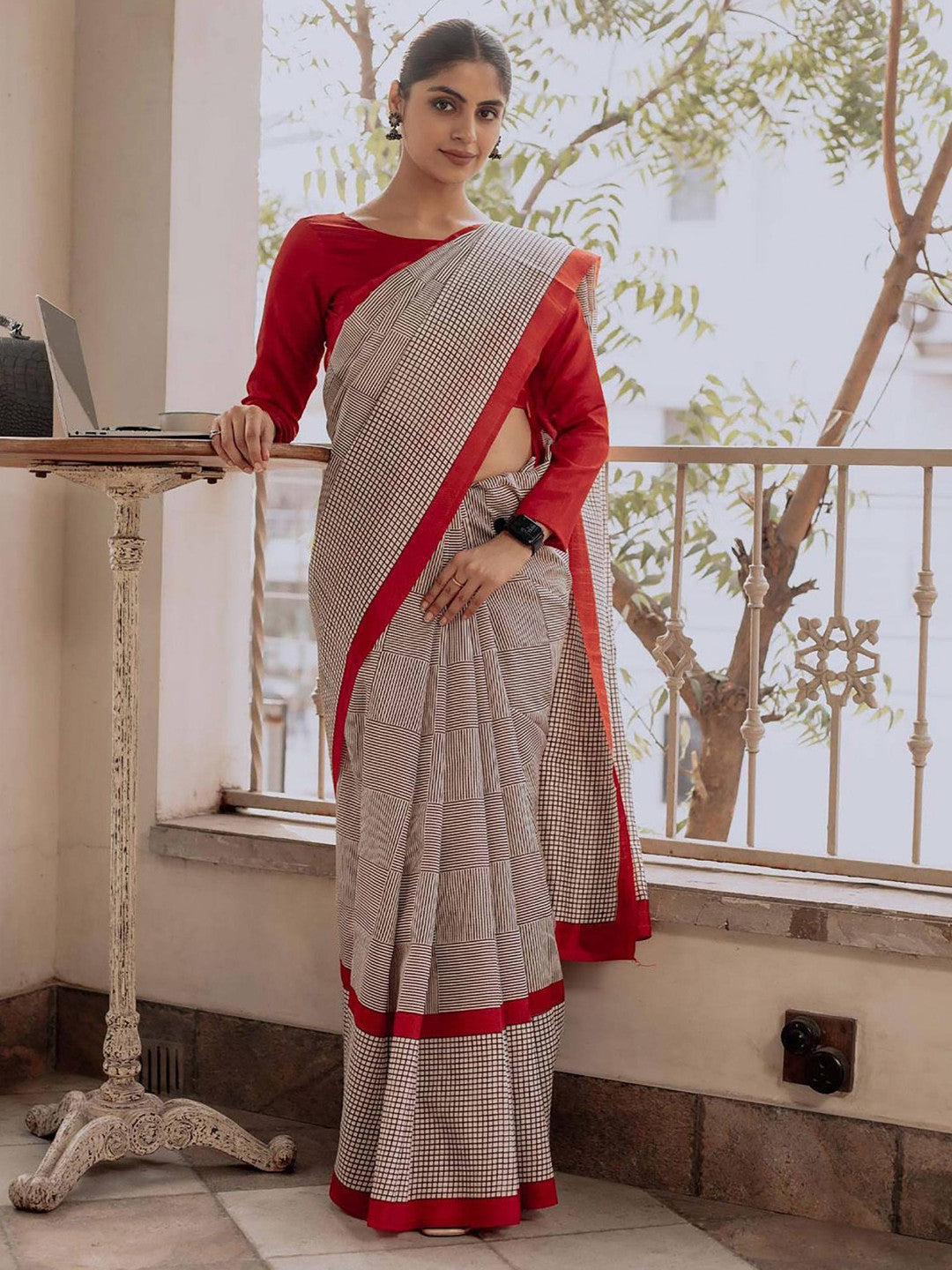 Beige Color Soft Pure Cotton Silk Saree With Jaipur Block Print Work | Traditional Office & Ethnic Wear – JaipurSaaj