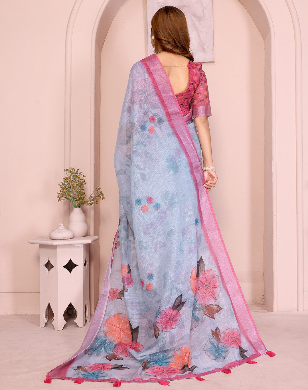 Multi Linen Cotton Saree With Digital Printed Work And Silver Zari Border